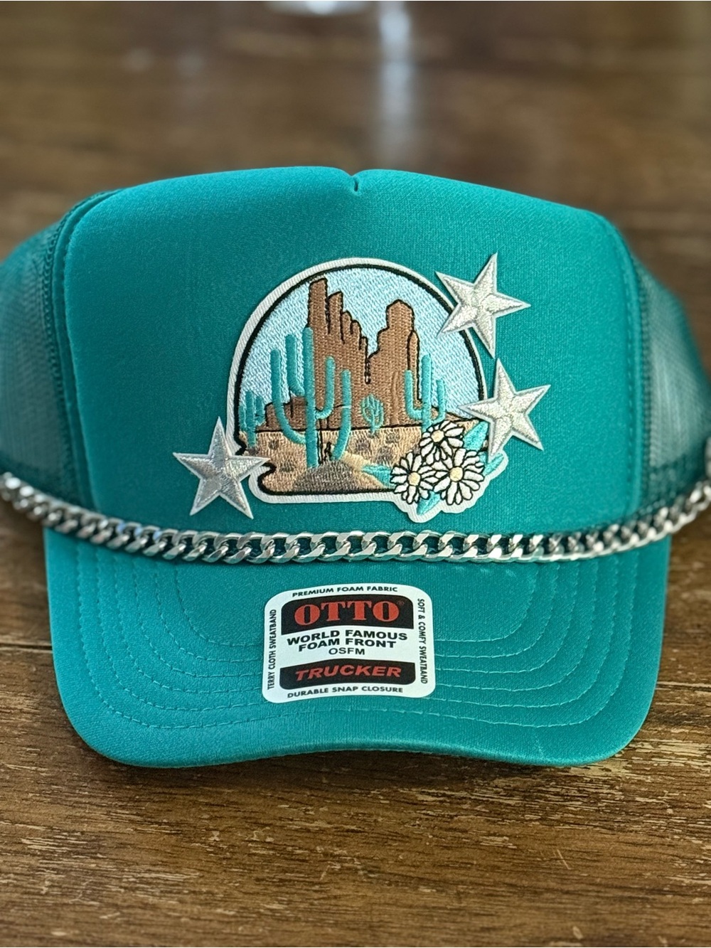 OTTO Teal Desert Embroidered Trucker Hat with Silver Chain